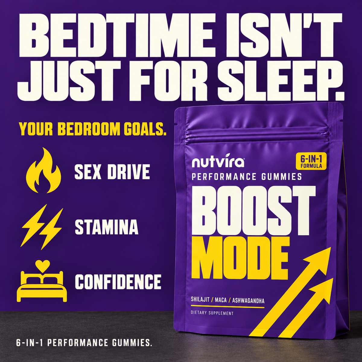Nutvira Boost Mode pouch with bold flame, lightning and bed icons. Bedroom goals: sex drive, stamina and confidence.