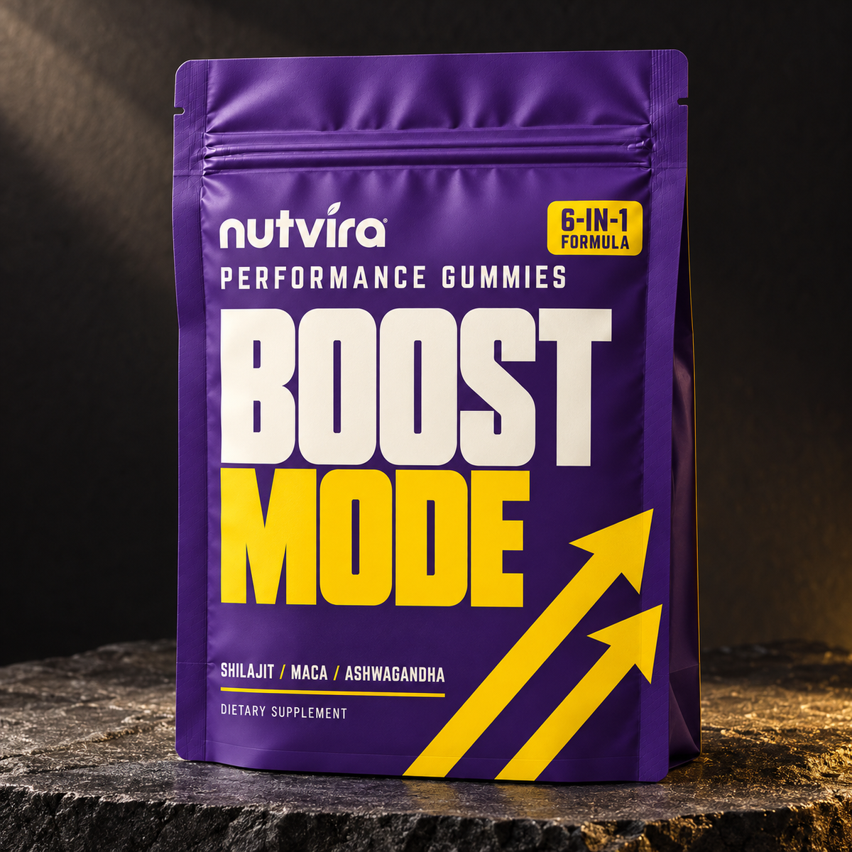 Nutvira Boost Mode pouch on a charcoal stone surface against a dark background.