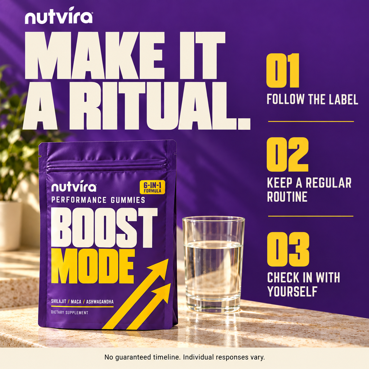 Make it a ritual: follow the label, keep a regular routine and check in with yourself. No guaranteed timeline; individual responses vary.