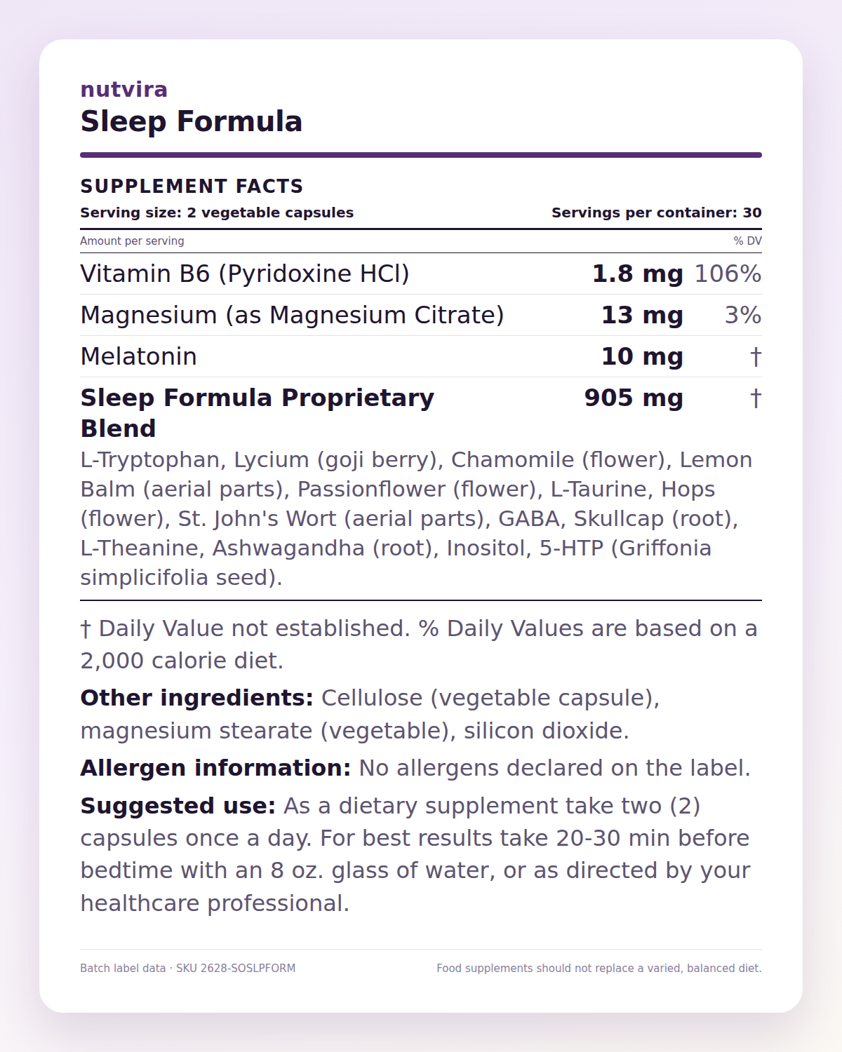 Nutvira Sleep Formula supplement facts panel