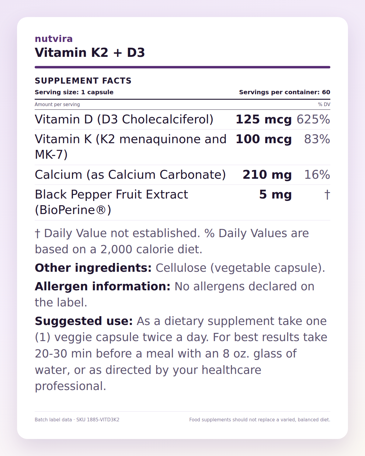Nutvira Vitamin K2 + D3 supplement facts panel